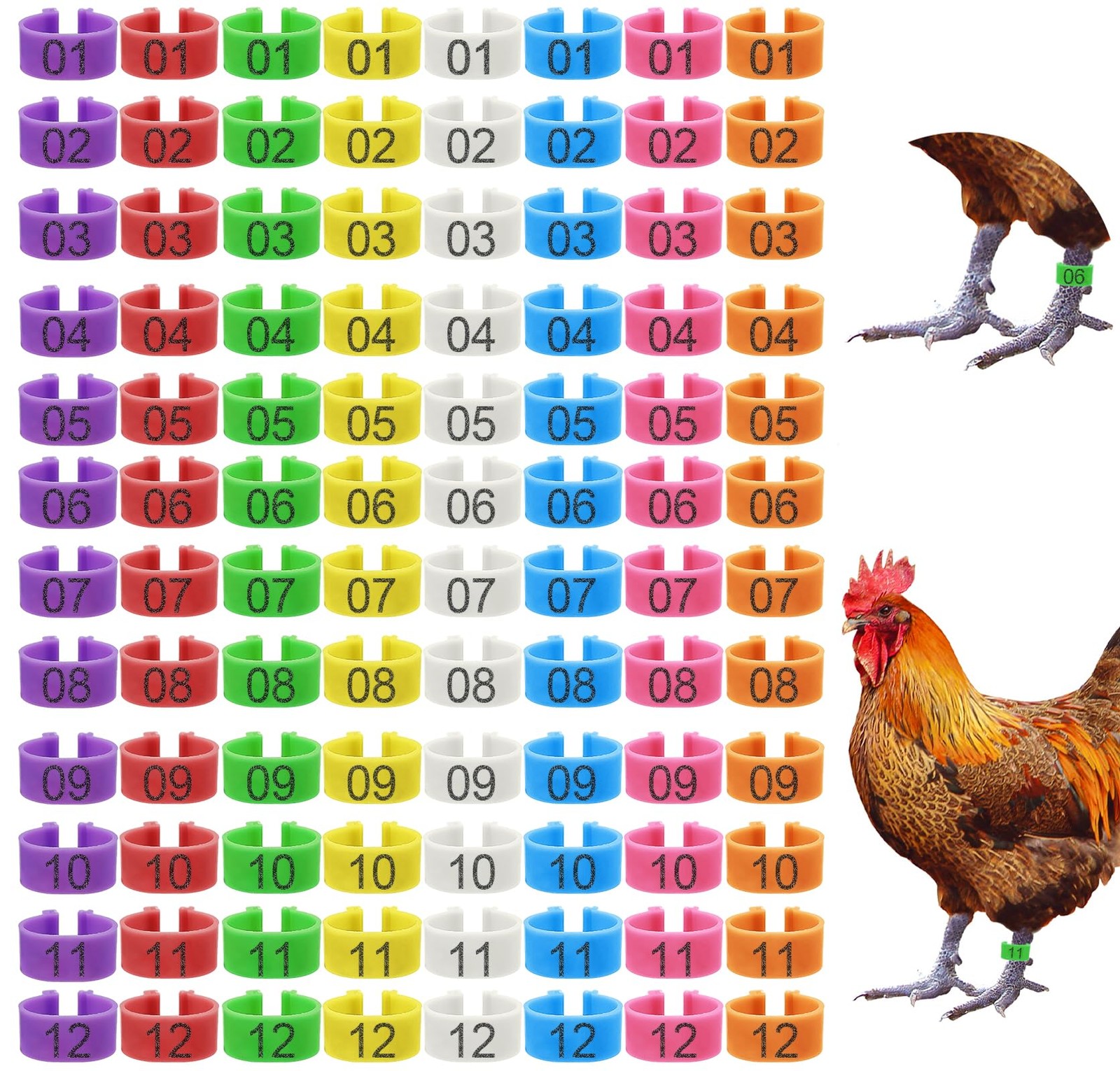 96 Pcs 16mm Colorful Numbered Chicken Leg Rings Identification Leg Bands