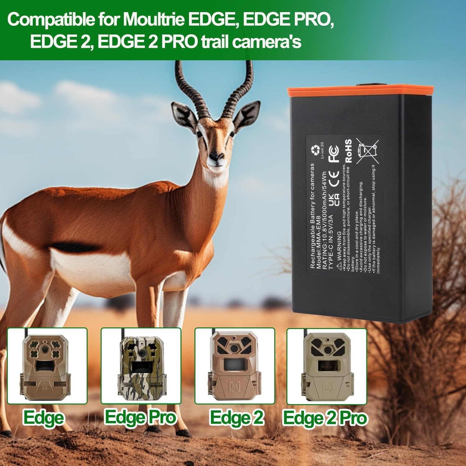 4Pack 5000mAh Battery for Moultrie Cellular Trail Cameras Edge 2/Edge/Edge 2 Pro