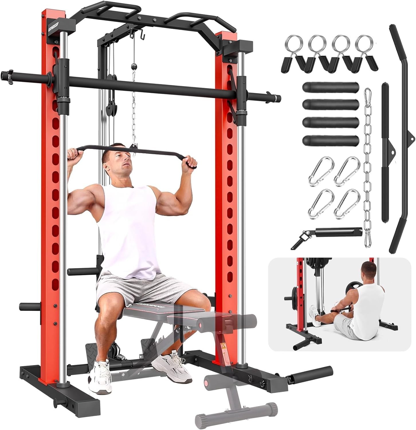 Smith Machine, Multi-Function Power Cage w/ Lat Pull Down System Workout Machine