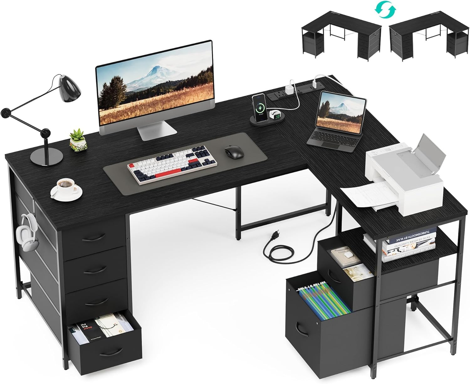 55 Inch L Shaped Office Desk with 6 Drawers & Type-C Port, Black | File Cabinet,