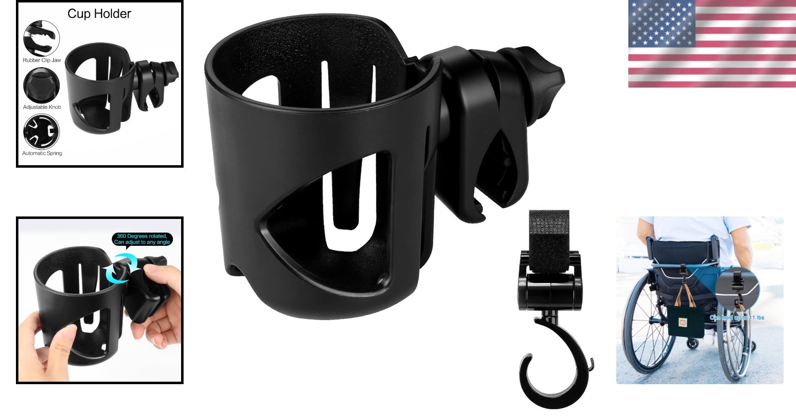 Universal Stroller Cup Holder with Hook - 360° Rotatable & Adjustable Clip