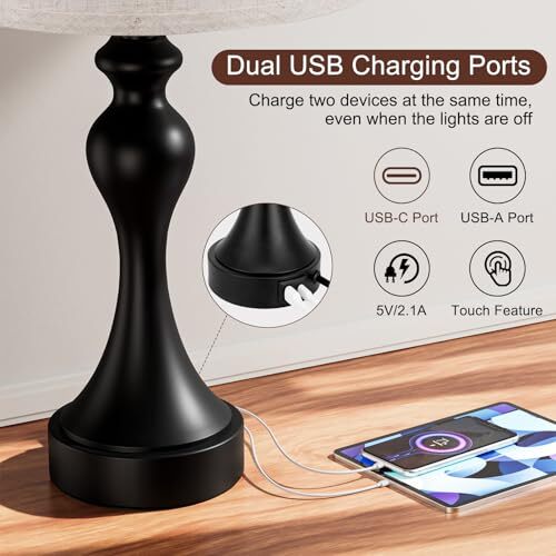 Bedroom Lamps Set of 2 - Bedside Lamps with USB A+C C. Beige Shade & Black Base