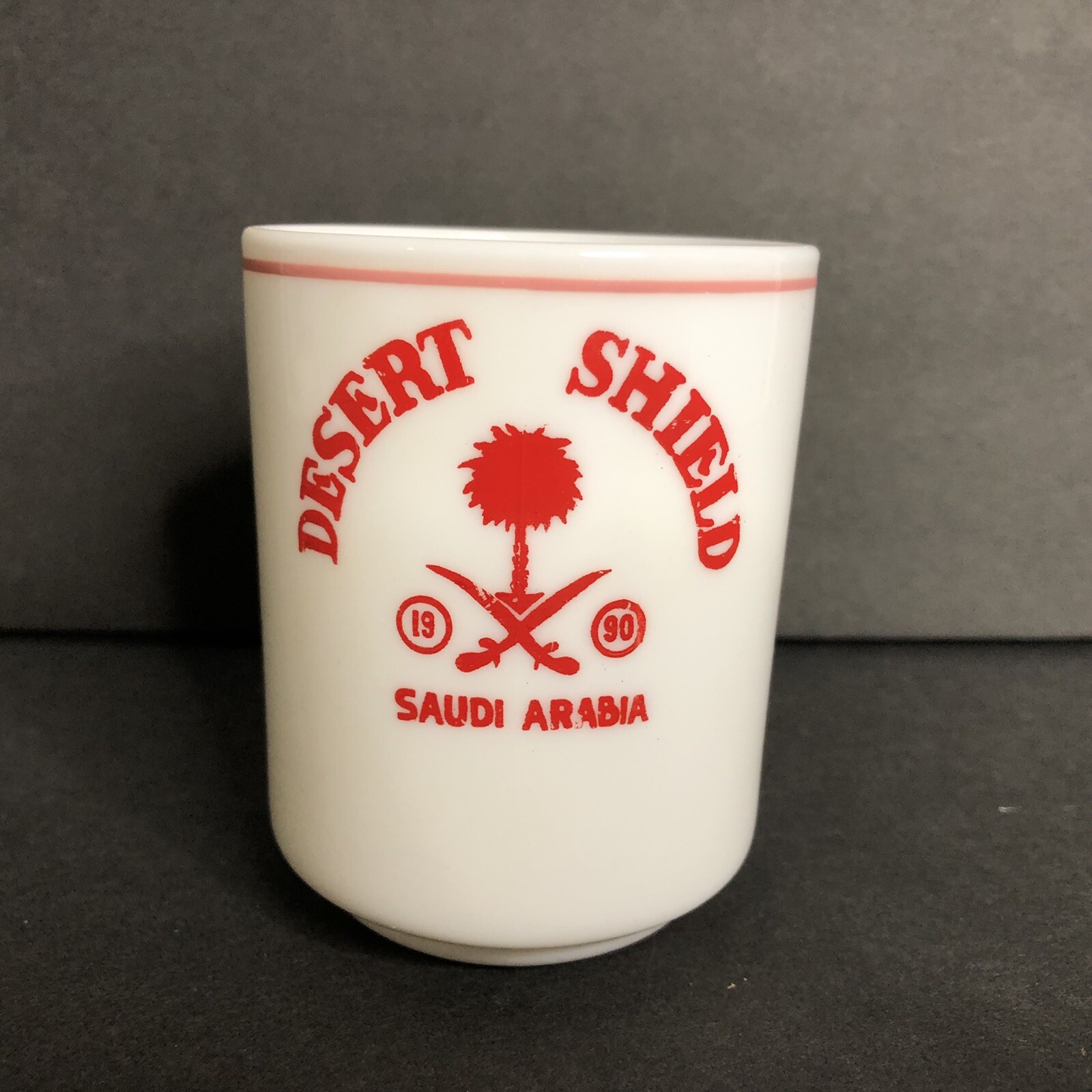 1990 Desert Shield Saudi Arabia Coffee Mug ARCOPAL France White Red RARE