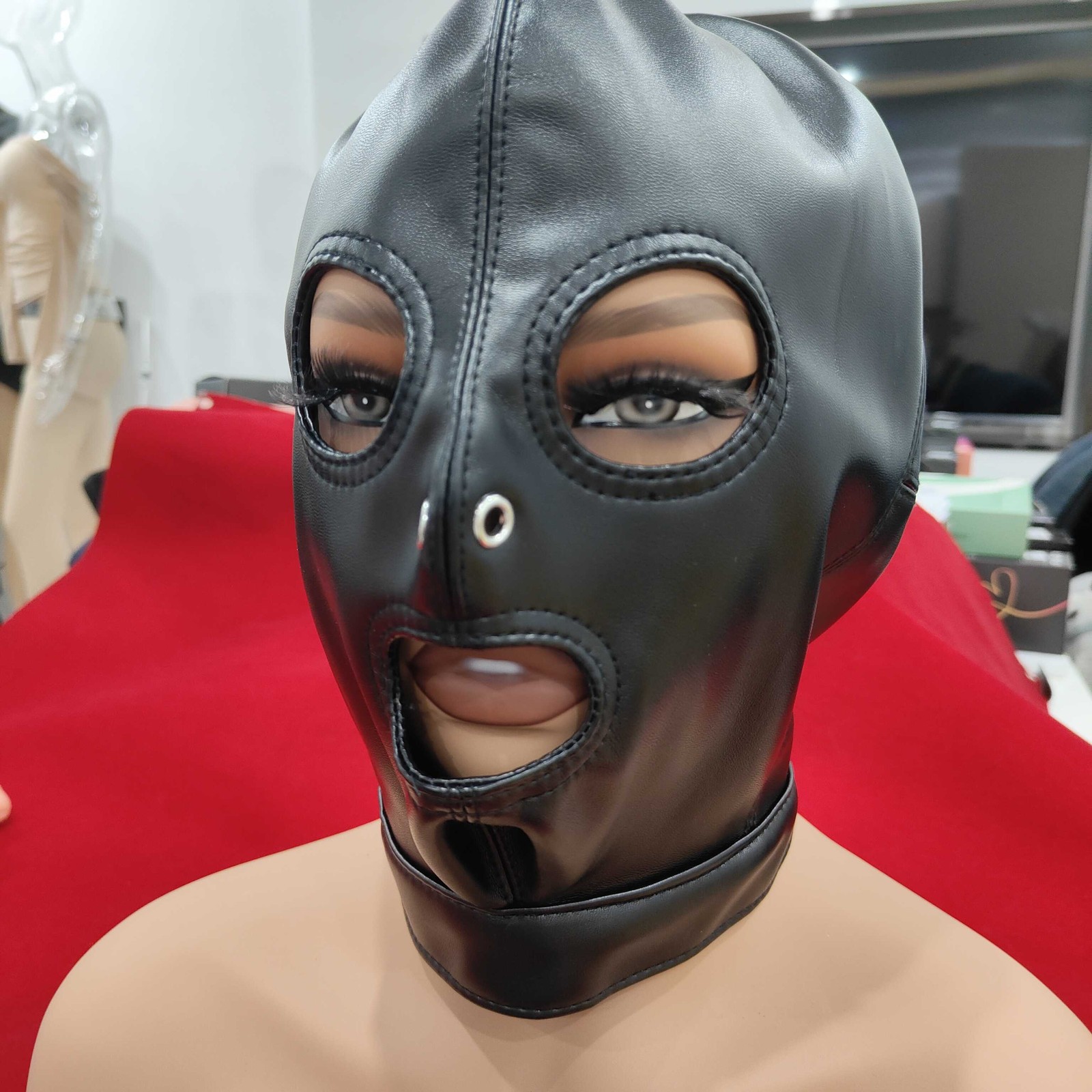 Bondage PU Leather Head Hood Harness Mask BDSM Open Mouth Eyes Roleplay Game USA