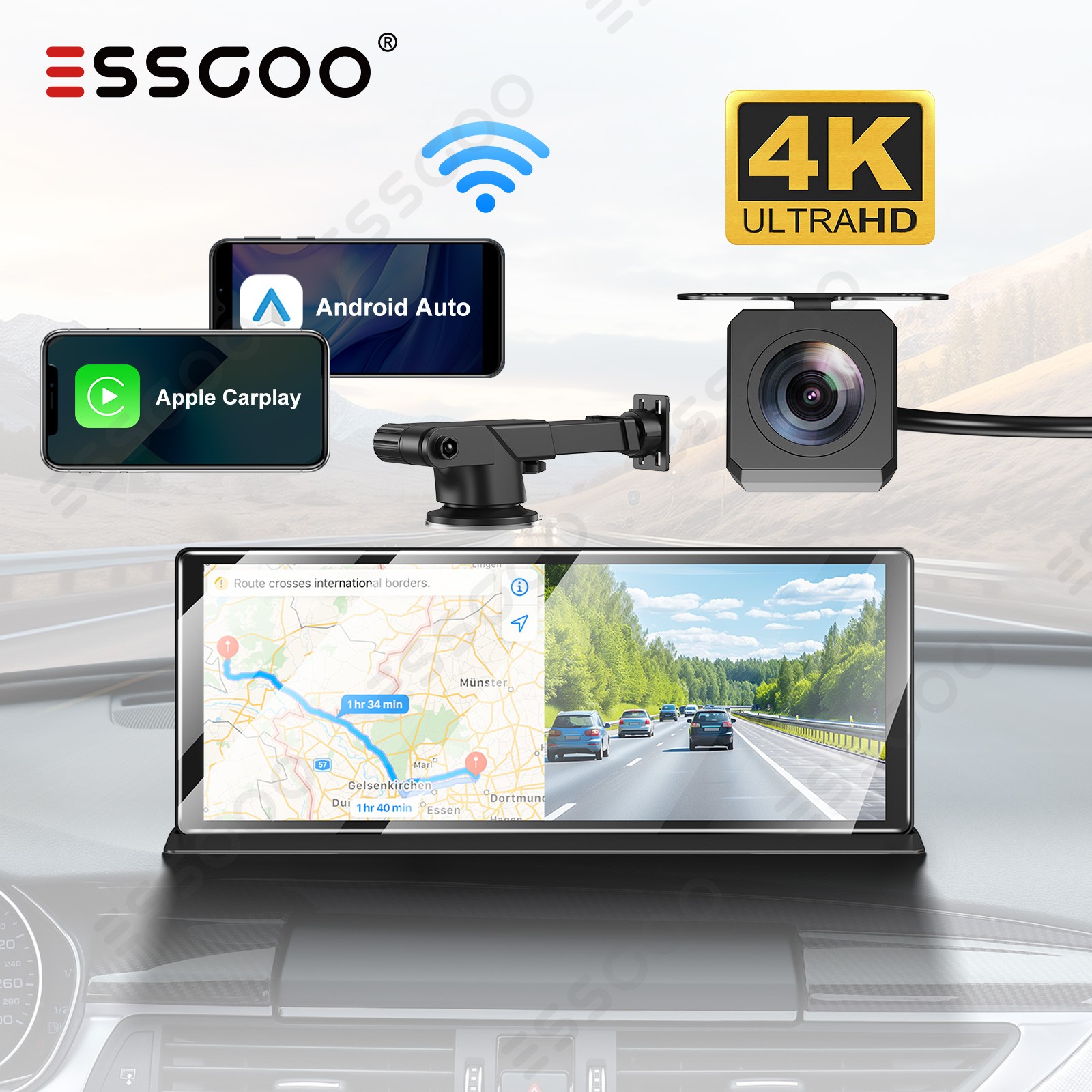 ESSGOO 11.3" Portable Car Stereo 4K Touch Wireless Apple Carplay Android Auto BT