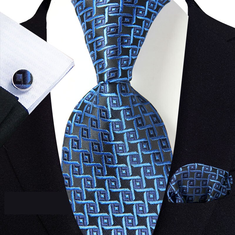 Classic Plaids Black Blue Jacquard Weave Men's Tie Necktie Hanky Cufflink Set
