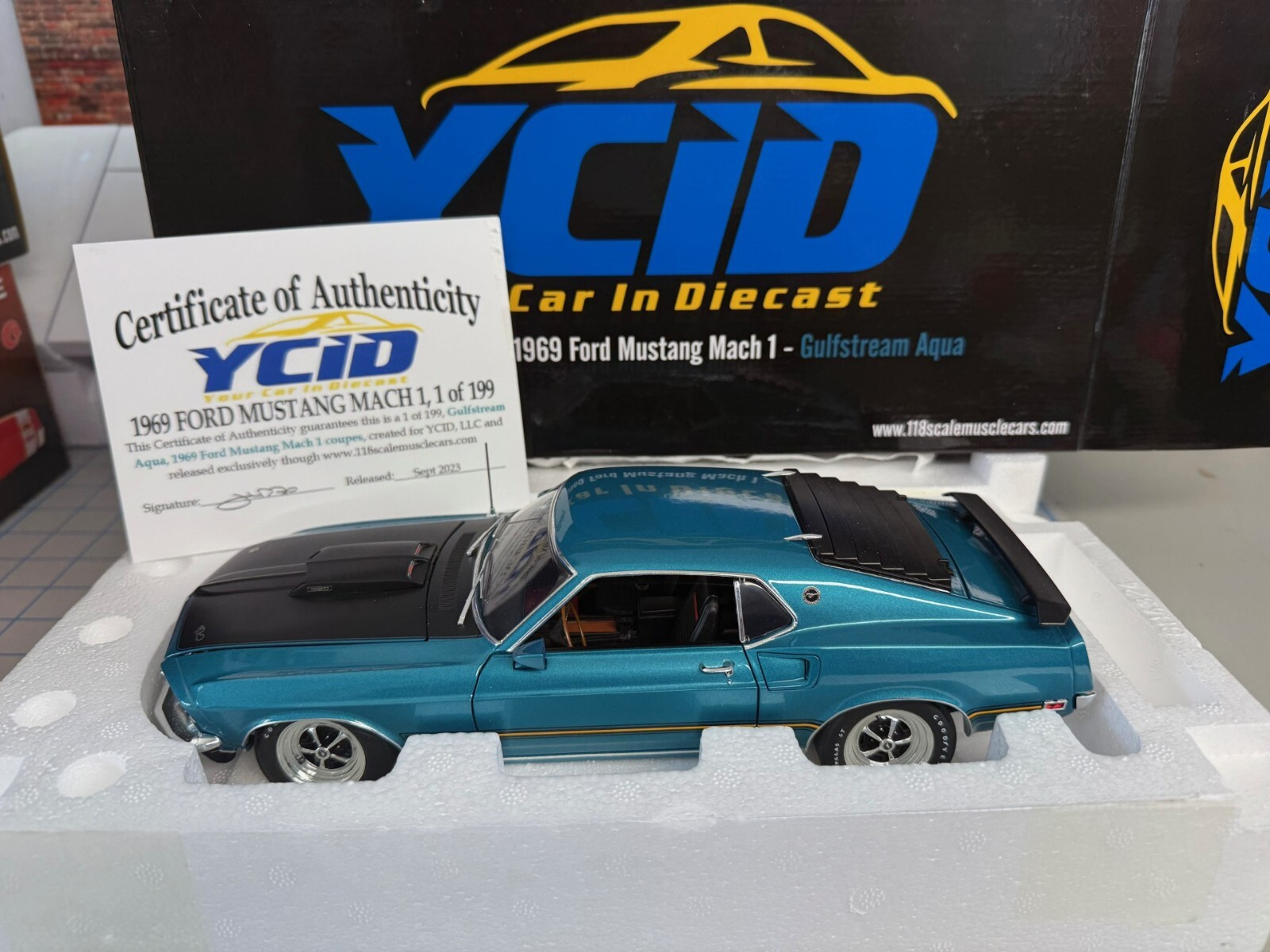 1/18, YCID  1969 Ford Mustang Mach 1 , Gulfstream Aqua , 1-199 NIB