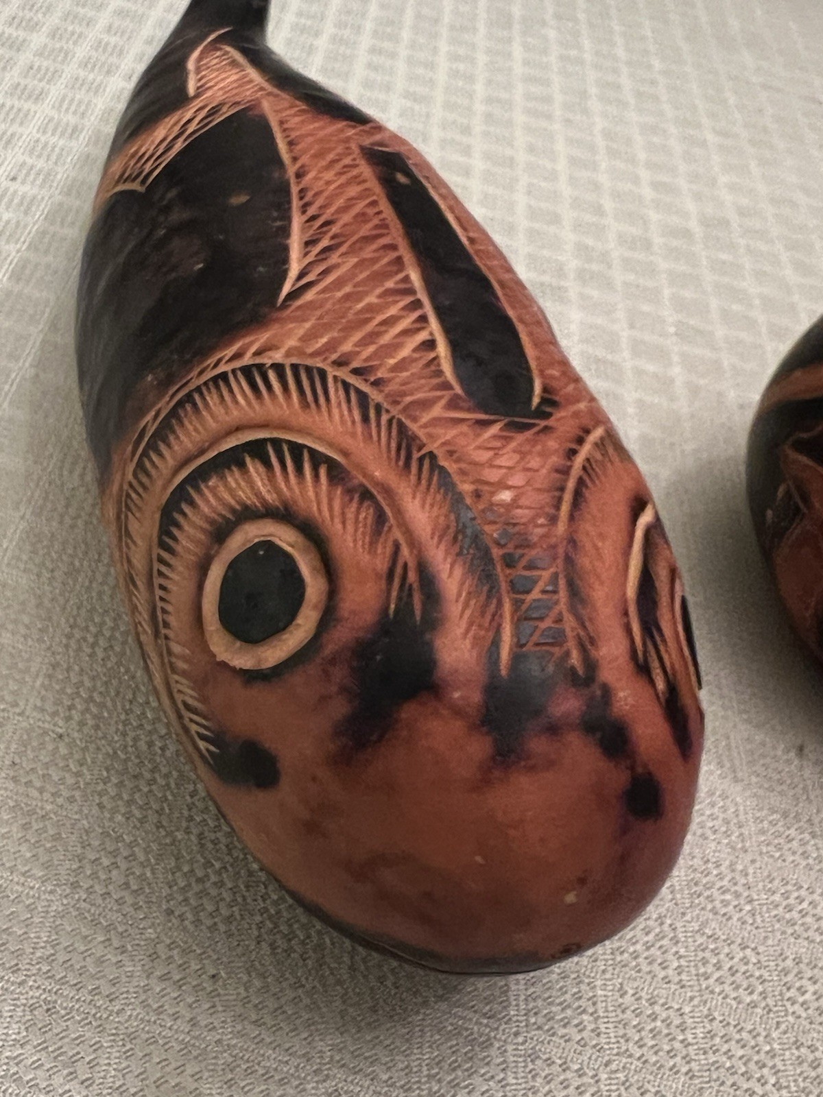 3 X Hand-Carved Decorative Gourd Peru Peruvian Folk Art Woman Fish Bird 1980’s