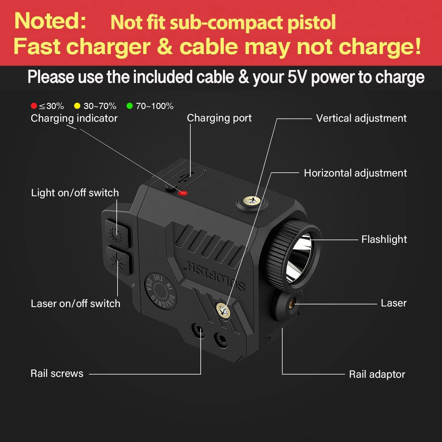 Solofish 800 Lumens Pistol Light Laser Combo, Strobe Function for Green/Red/Blue