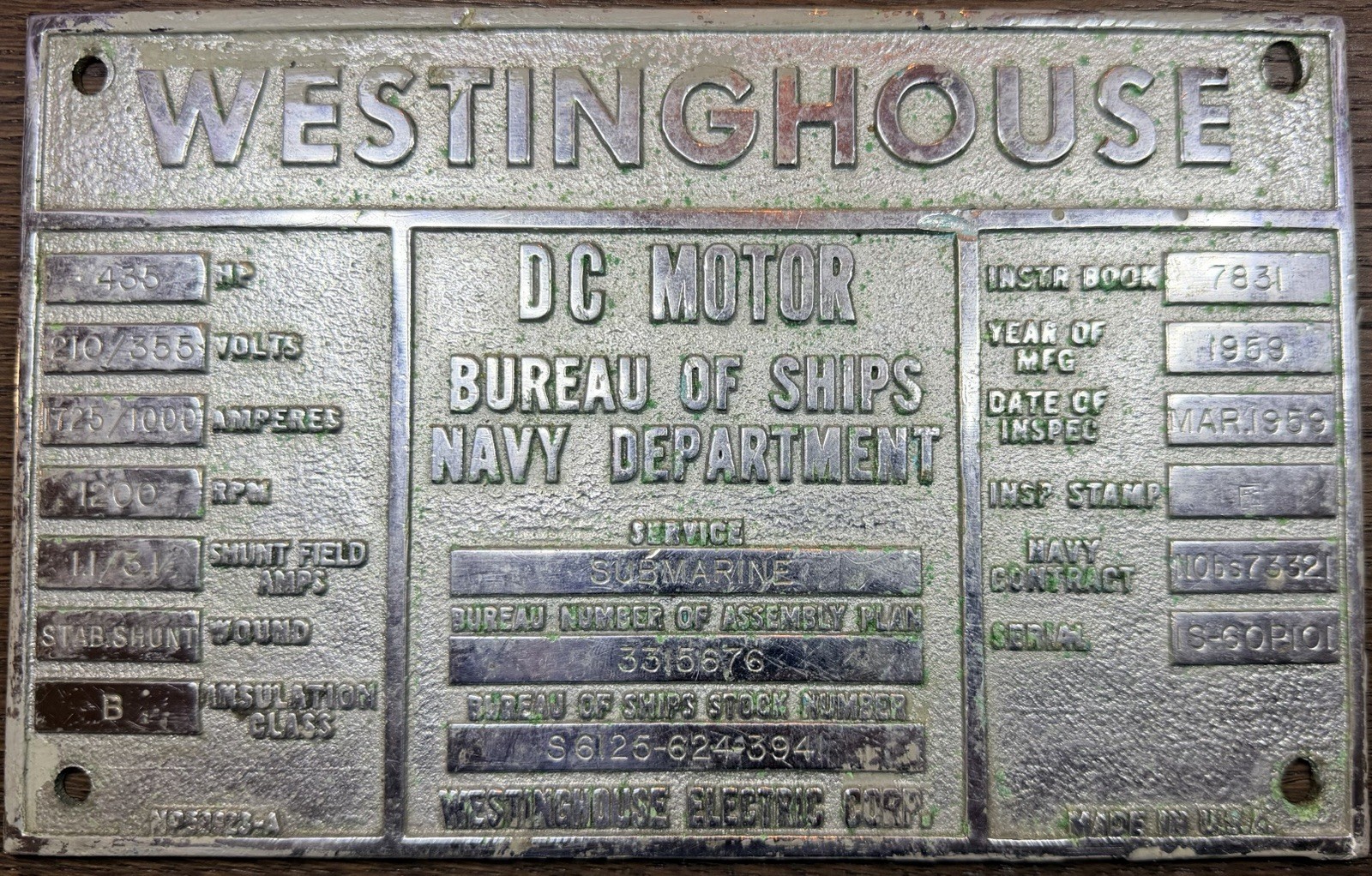 Westinghouse DC Motor Bureau of Ships U.S. Navy Dept Militaria Nameplate Sign