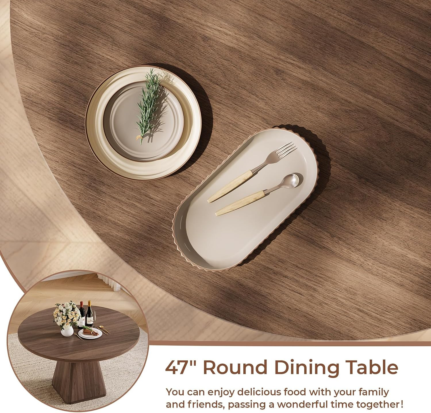 47 Inch round Dining Table for 4-6, Pedestal Kitchen Dinner Table Walnut | Circl