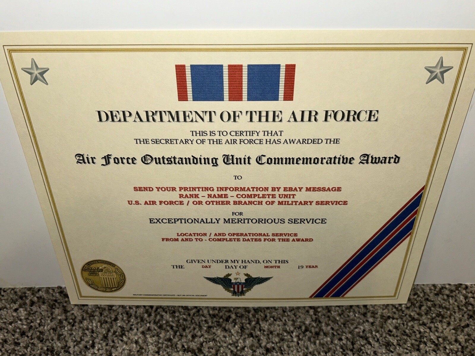 AIR FORCE OUTSTANDING UNIT COMMEMORATIVE AWARD CERTIFICATE~W/PRINTING T-1