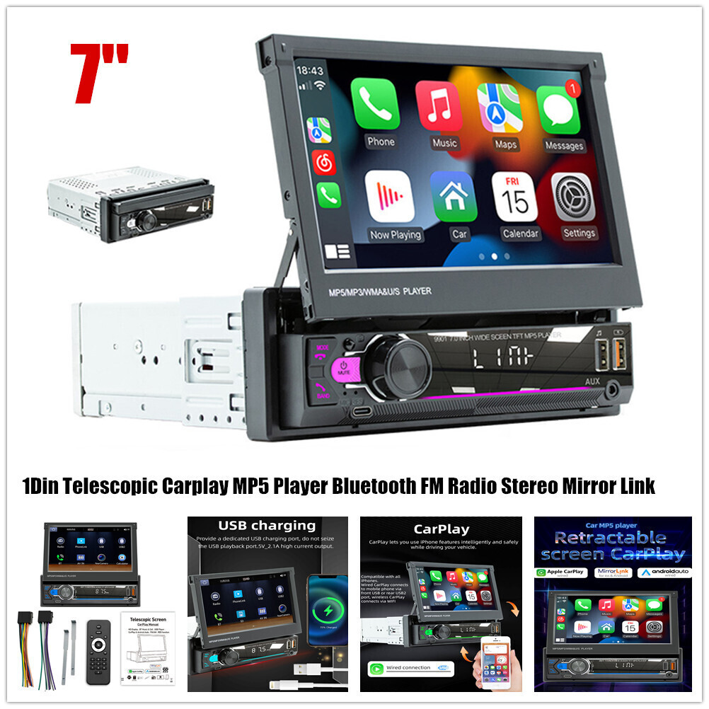 7" 1Din MP5 Radio Car Stereo Touch Screen Player FM AUX For Carplay Android Auto