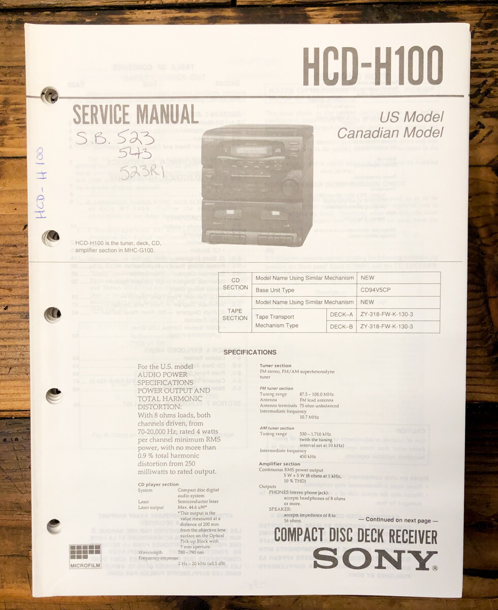 Sony HCD-H100 Stereo  Service Manual *Original*