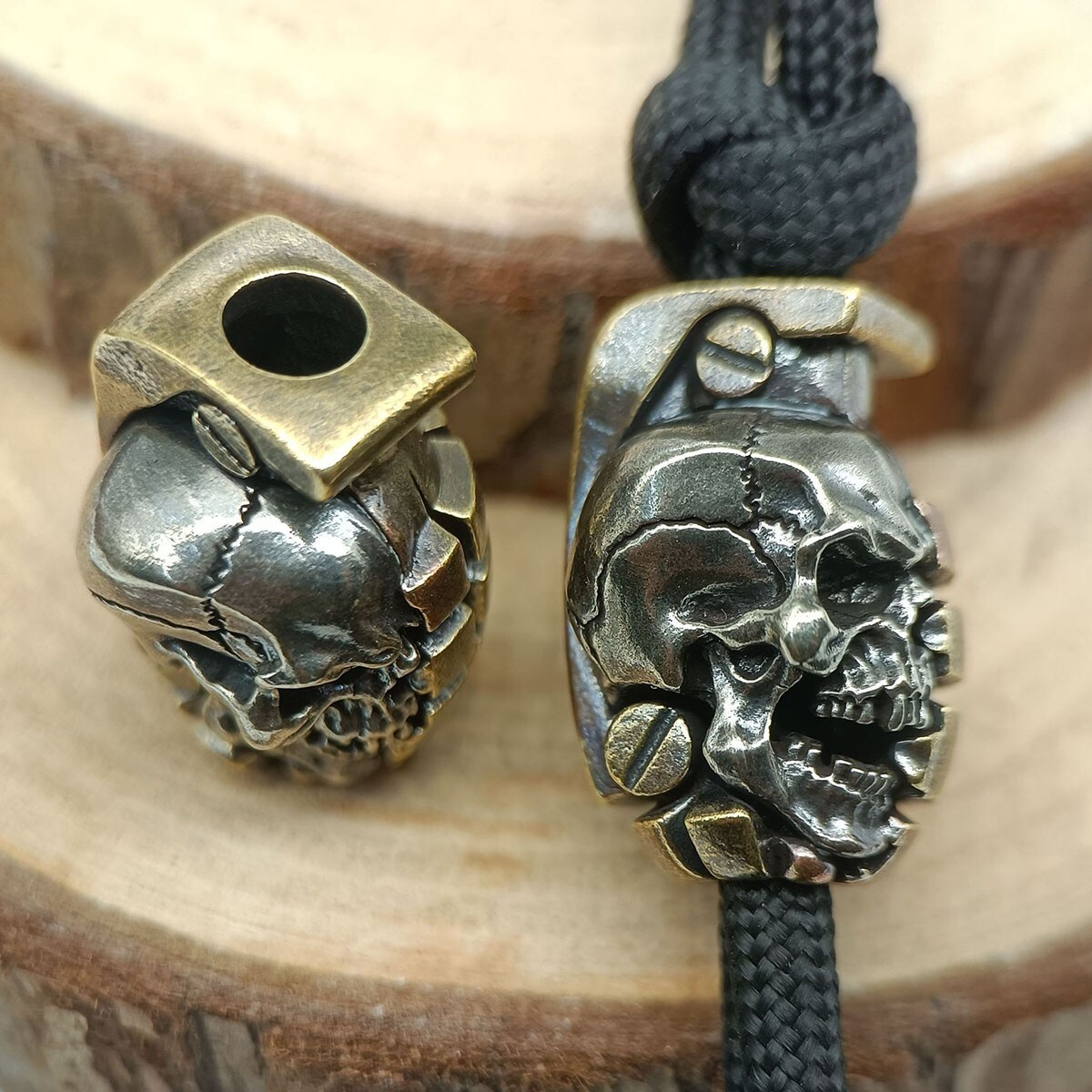 2pcs Brass "Hand Grenade - Skull" Knife Bead Lanyard Beads Bracelet Beads