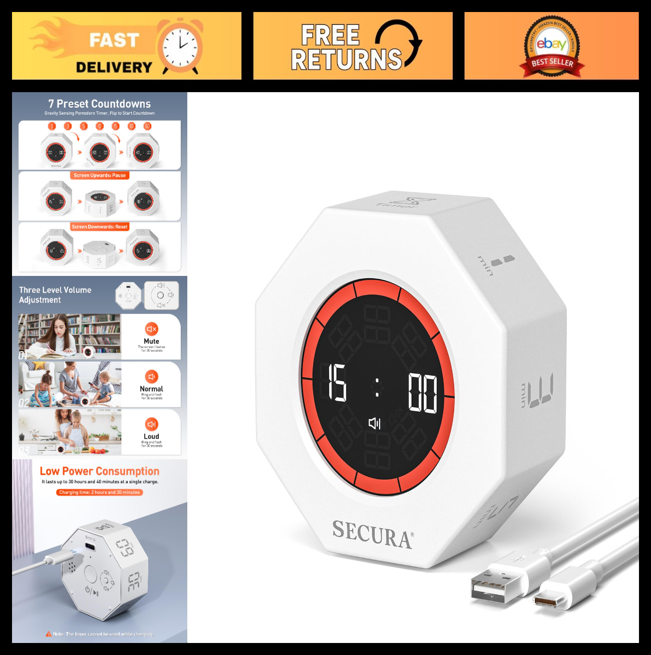 Pomodoro Timer for ADHD & Productivity, Flip Cube with 7 Presets, Visual Countdo
