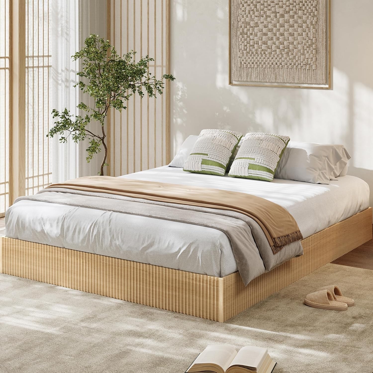 Queen Bed Frame, Wood Platform Bed with Fluted Design, Low Profile Bed Frame