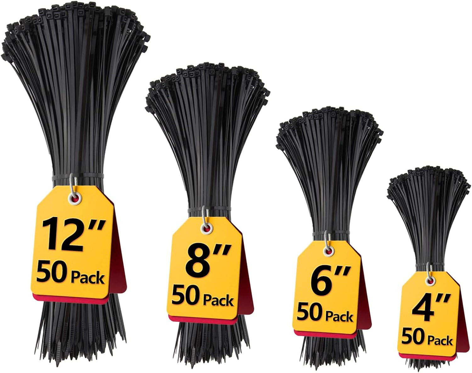 Black Zip Ties Assorted 12+8+6+4 Inch, 200 Pack, Cable Ties, UV Resistant Wire T
