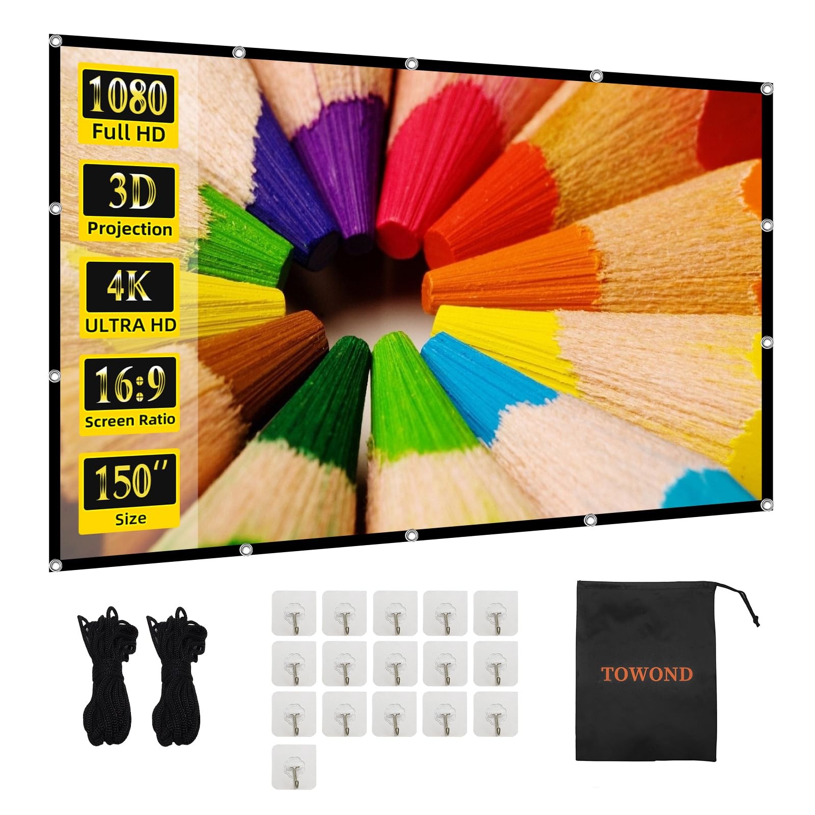 Projector Screen TOWOND 150 inch Projection Indoor 150 inches, White