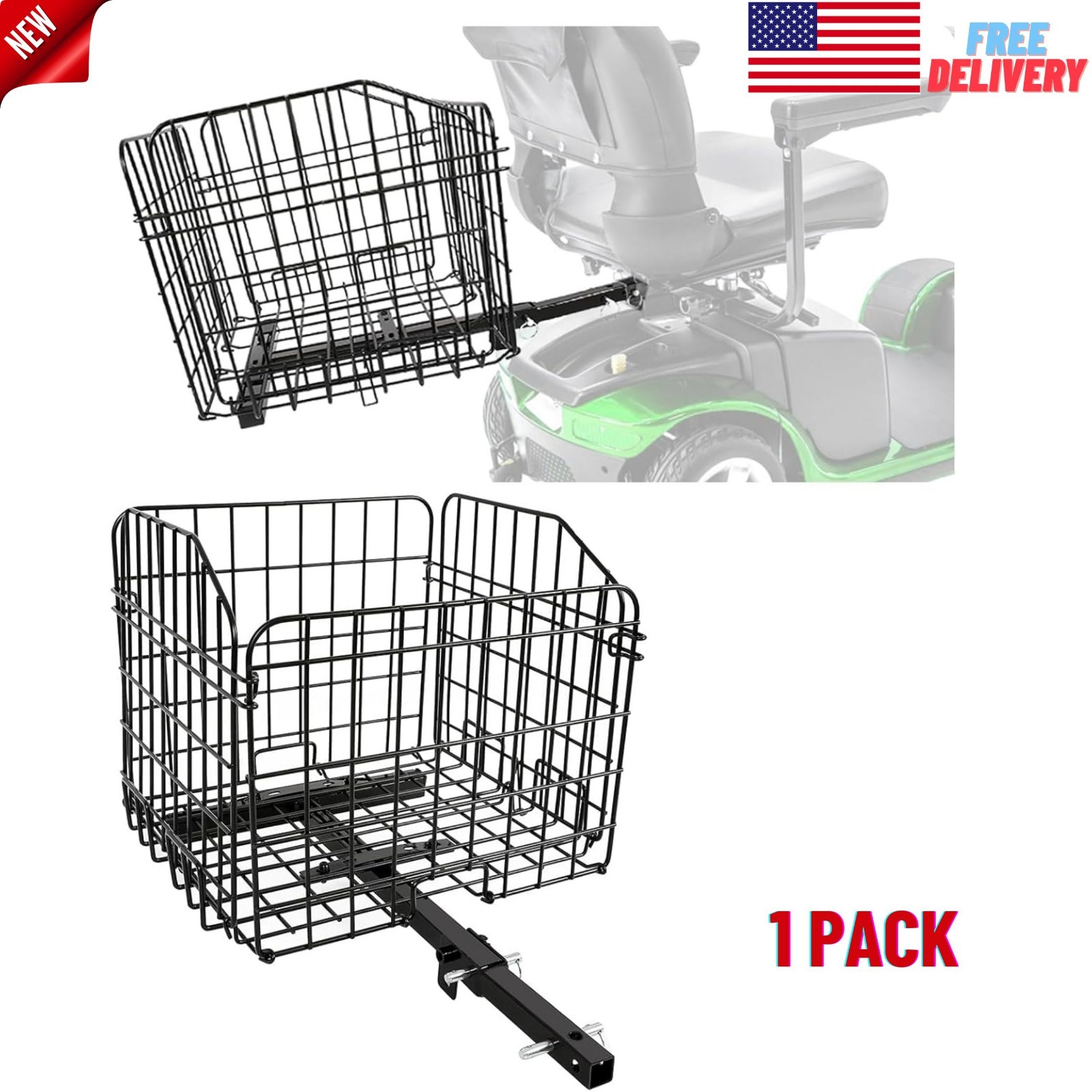 Folding Rear Cargo Basket w/ 1" Receiver for Pride Mobility Scooters/ Wheelchair