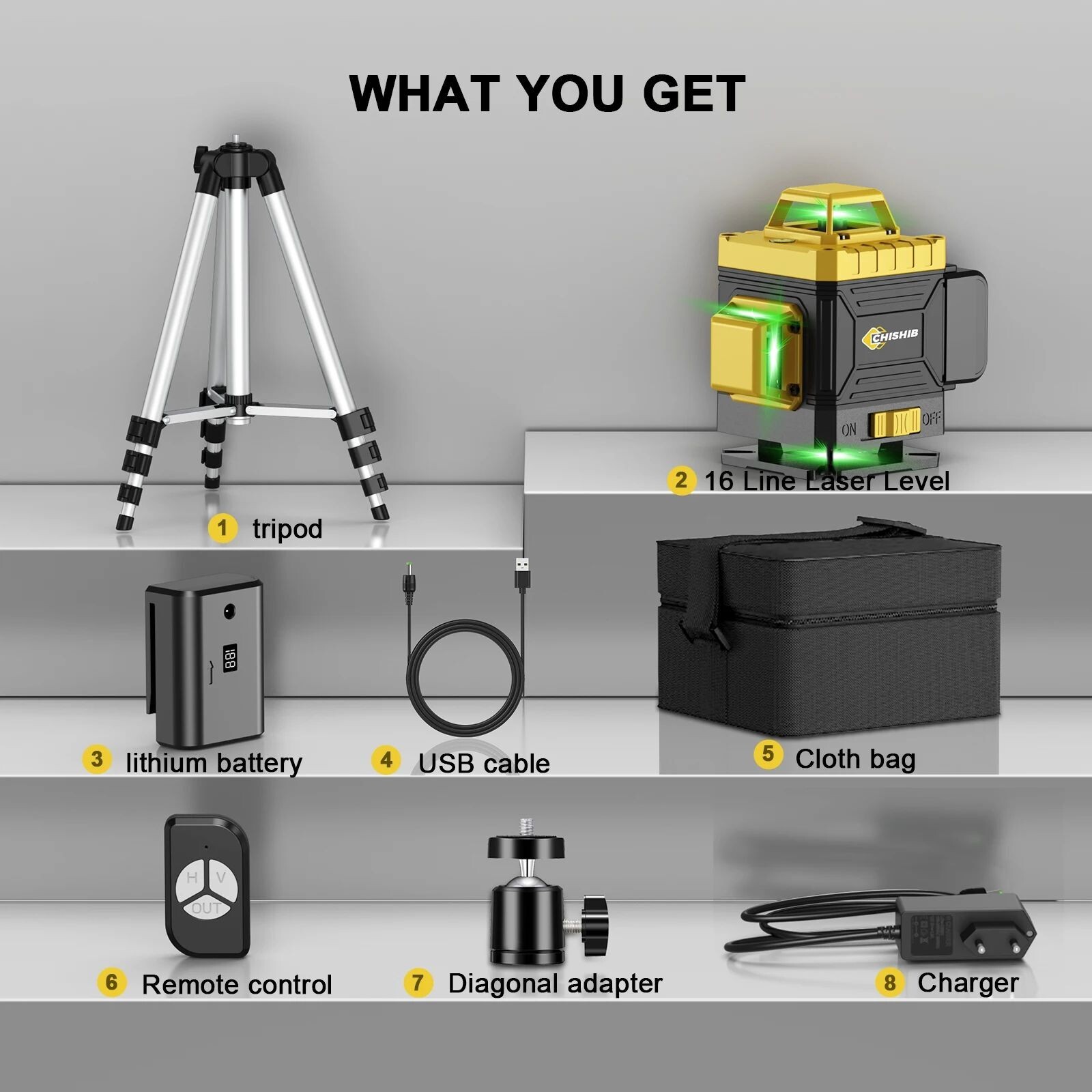 CHISHIB 4D 16-line laser level, 360° self-leveling, green beam
