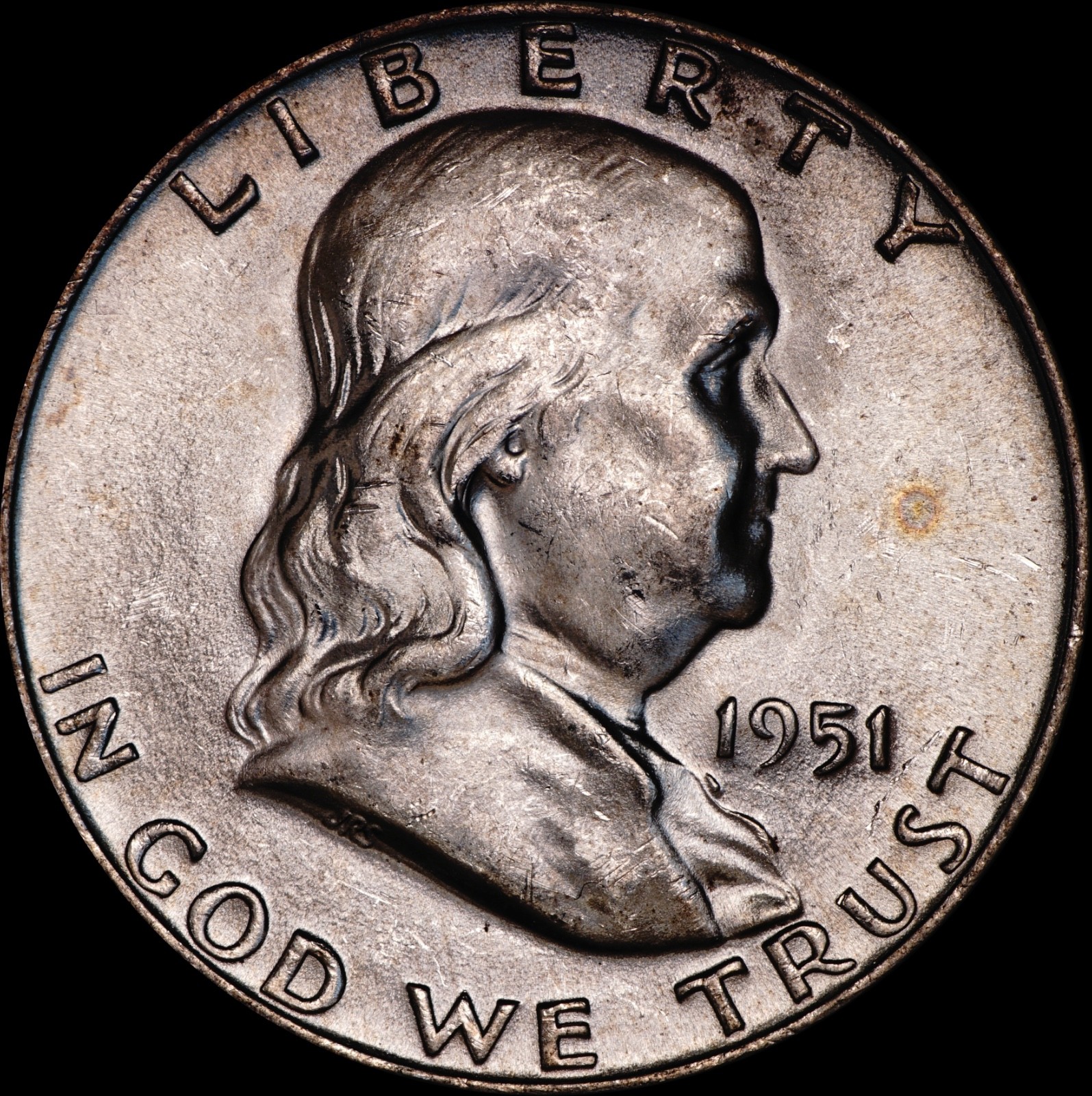 1951-D Franklin Half Dollar Silver, Uncirculated, Close to White, As Shown 320