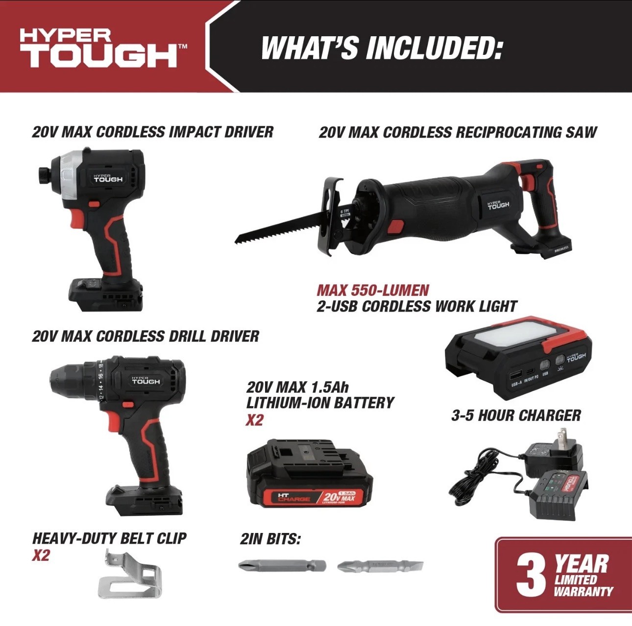 BRAND NEW Hyper Tough 20V Brushless 4-Tool Combo Kit UPC 8209009803461