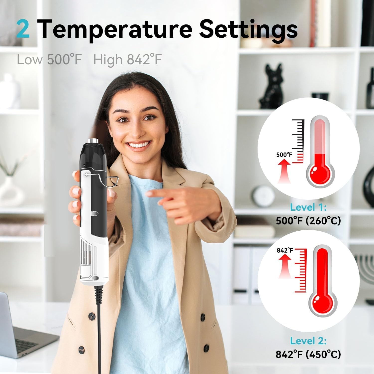 DELI Mini Heat Gun, 350W Dual Temp 500℉/842℉ (260℃/450℃) with Reflector & Extra