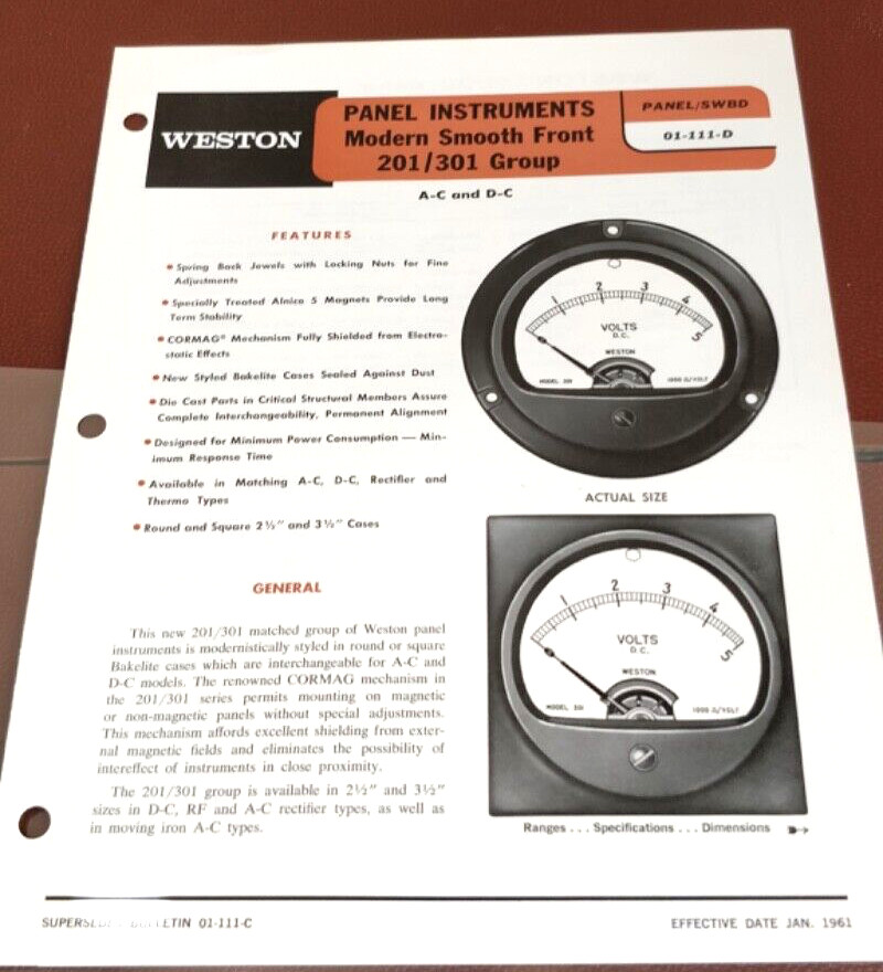 1961  Weston ~ Panel Instruments Bulletin 01-111-D  ~ Volt Meters