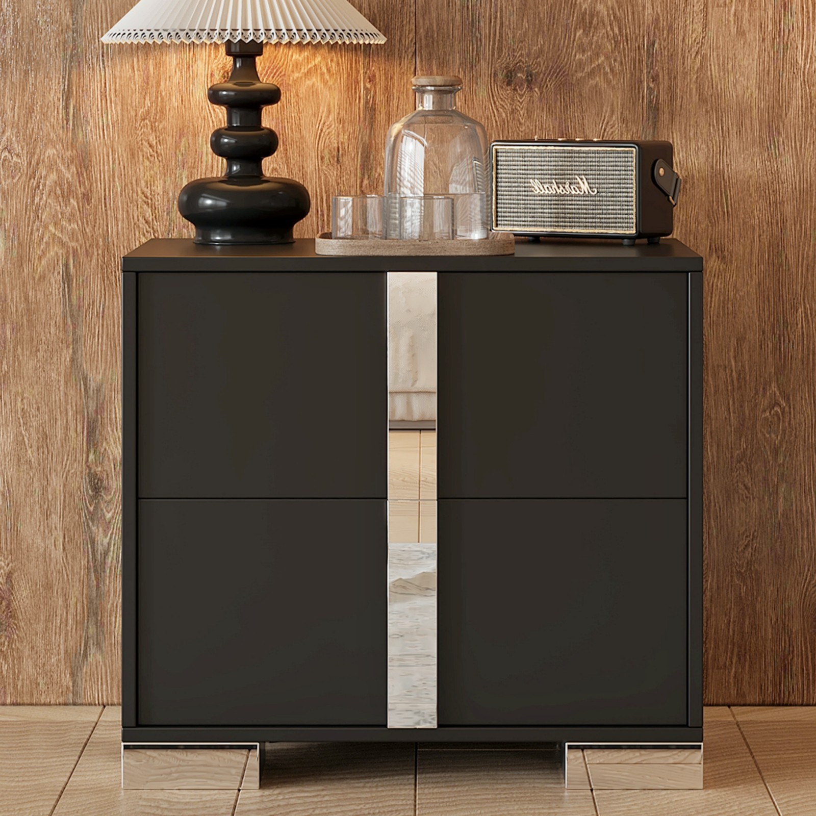 Elegant Mirrored Nightstand (2 Drawers, Metal Foot, Bedroom/Living Room)