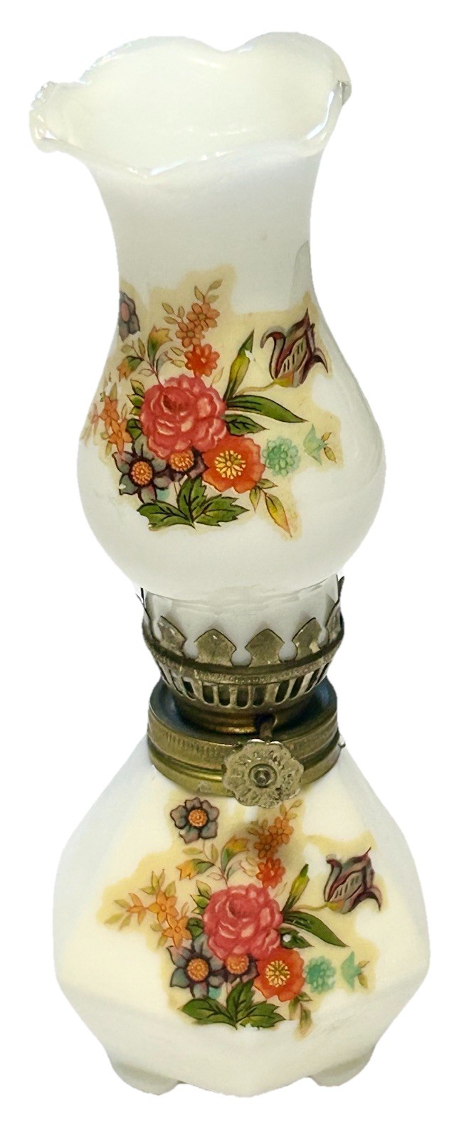 Vintage Miniature Hurricane White Milk Glass Floral Design Oil Lamp