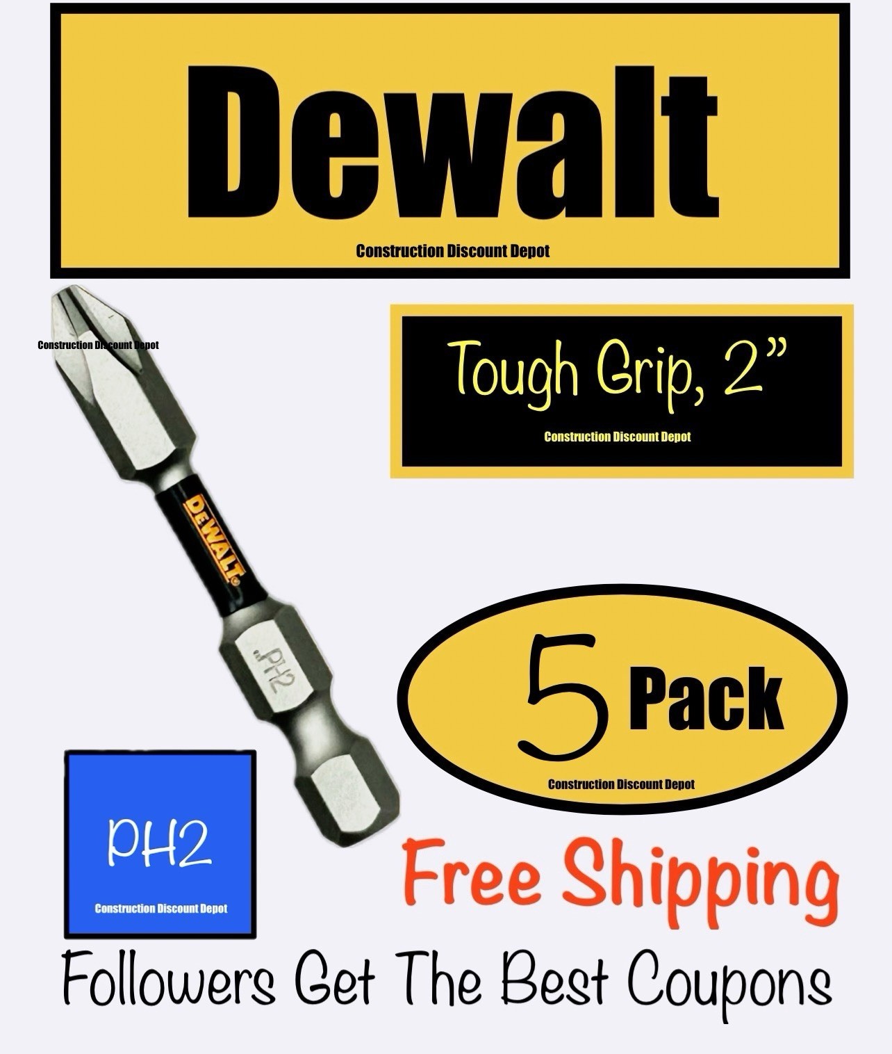 Small Pack Of 5 DeWalt IMPACT READY 2" TOUGH GRIP Bit Set #2 Phillips PH2