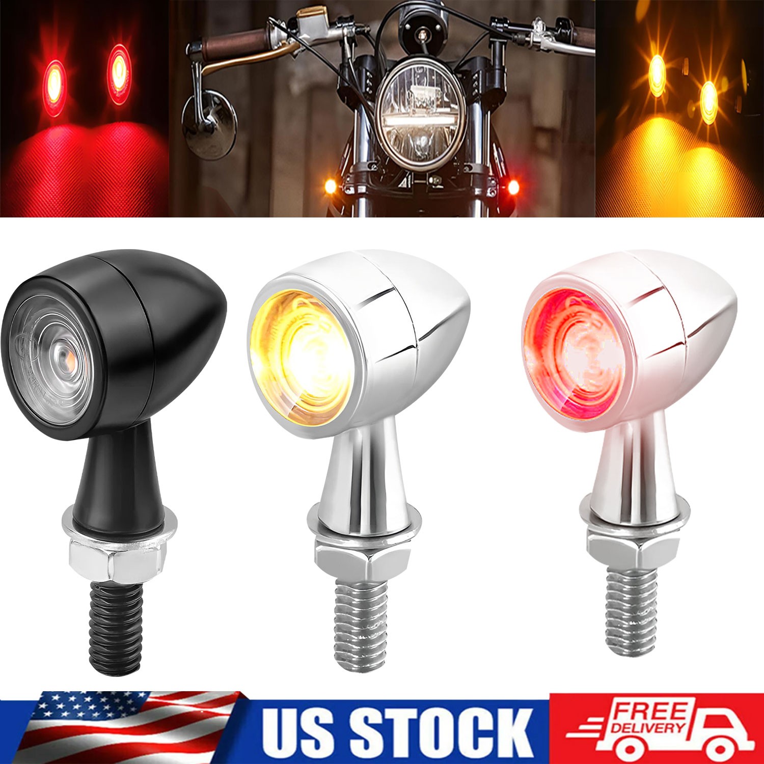 Motorcycle LED Bullet Mini Turn Signals Brake Blinker Light Indicator Amber+Red