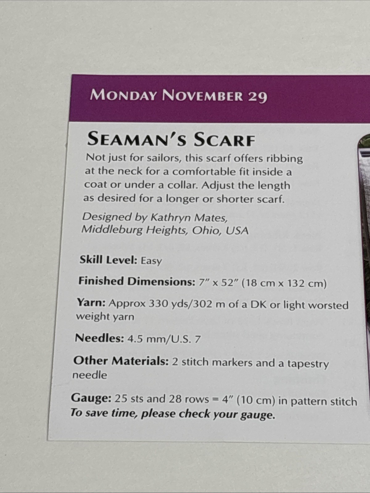 Seaman's Scarf Knitting Pattern Card Page