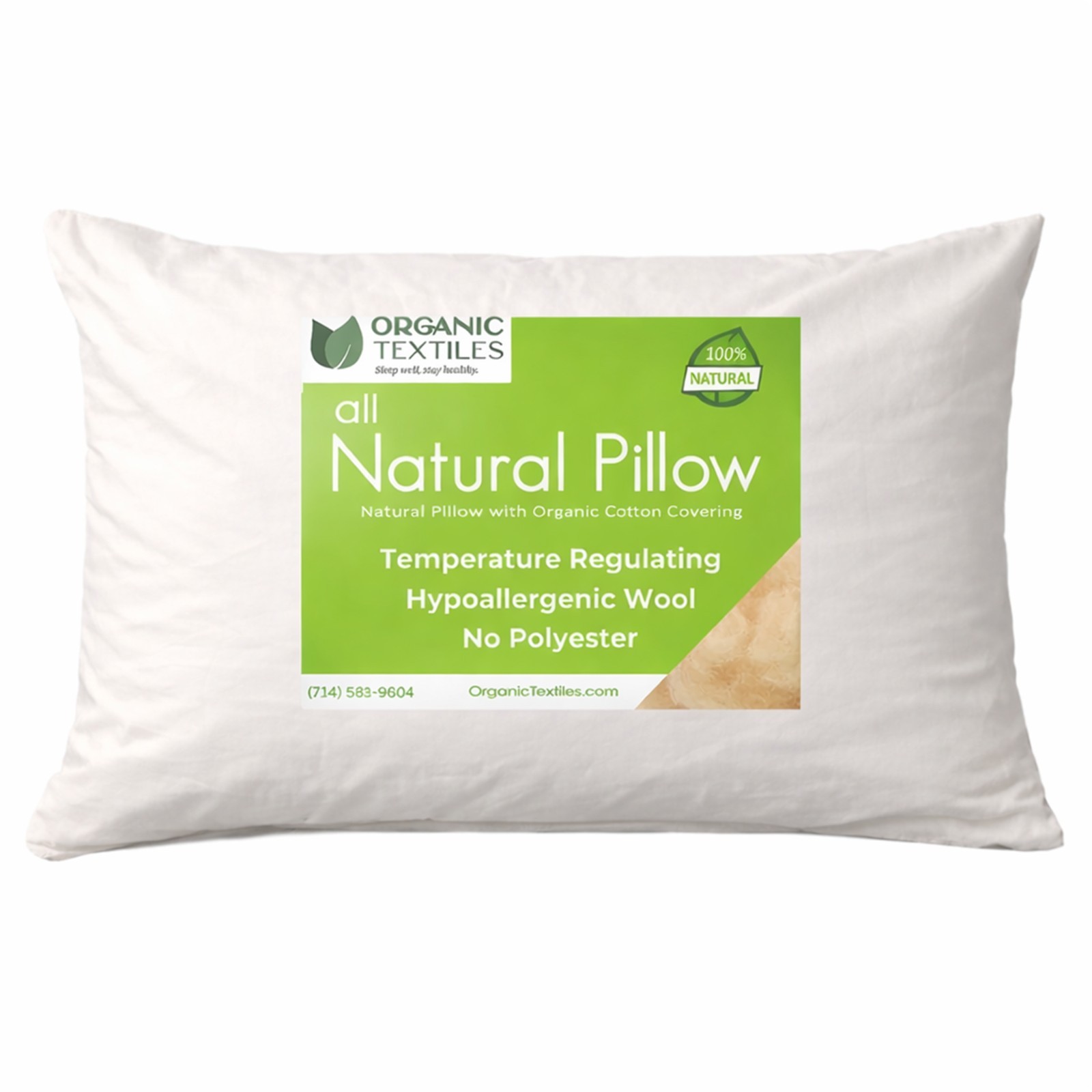 100% Natural Wool Bed Pillow with GOTS Certified Organic Cotton Cover