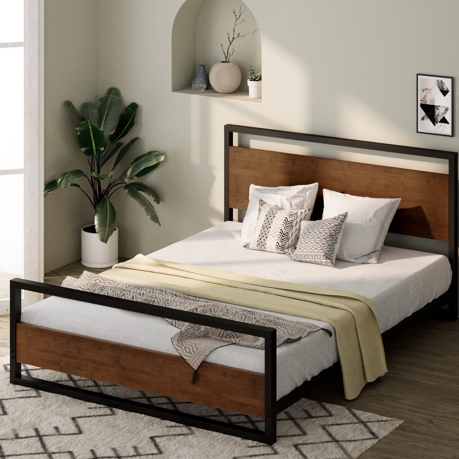 BROWN - ZINUS SUZANNE BAMBOO METAL PLATFORM BED FRAME FOOTBOARD WOOD SLAT QN