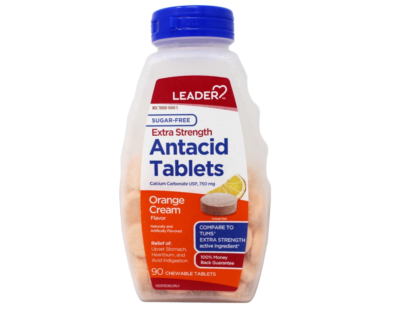 Leader Extra Strength Antacid 750mg Tablets, Orange Cream, 90 Count