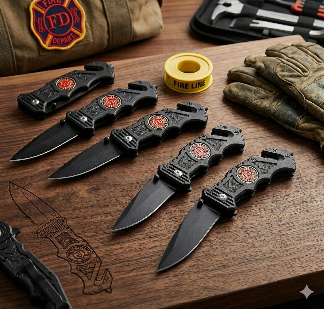 6.25 Inch Fire Fighter Folding Survival Knife W/ Inlay Fire Fighter Emblem, 6PK