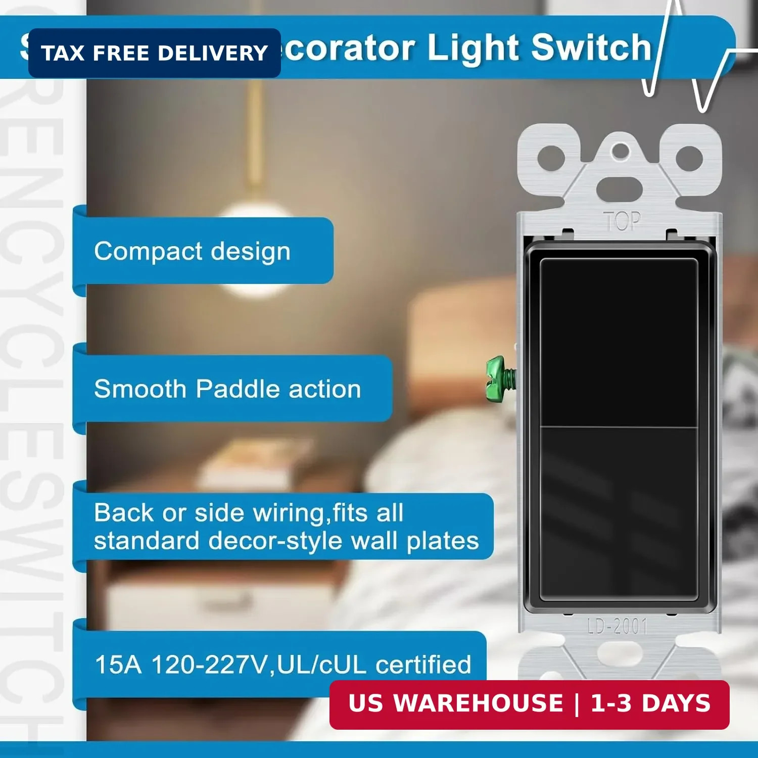Greencycle Black Single Pole Rocker Light Switch,Paddle Light Switch 15 Amp,Sp S