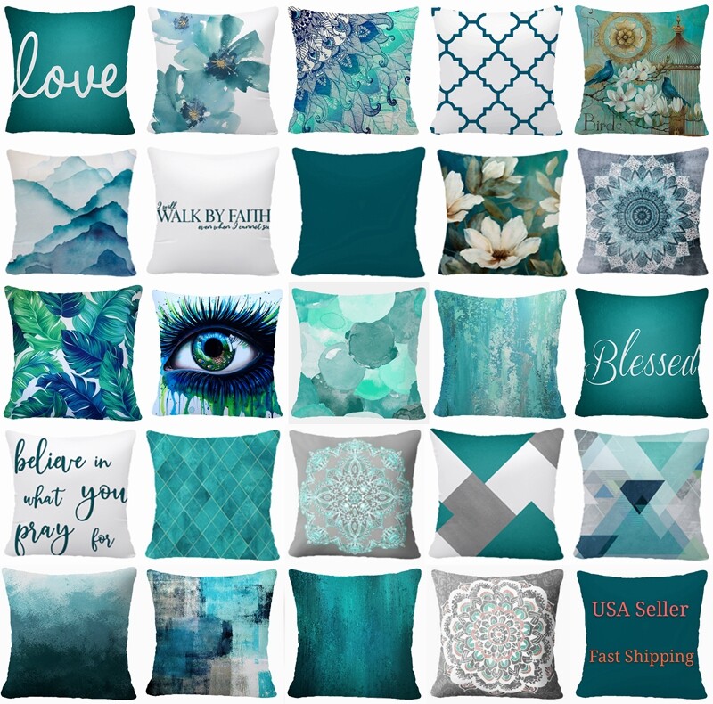 16x16" PILLOW COVER Teal Blue White Decorative Abstract 2-Sided Bed Cushion Case