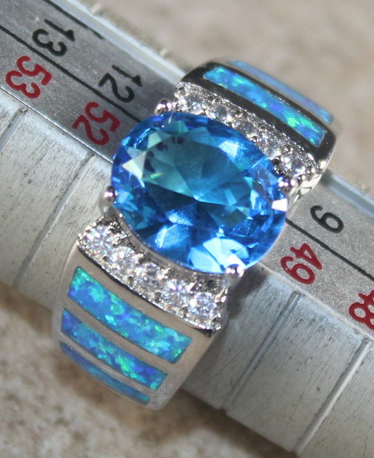 SILVER Elegant Blue Fire Opal & Royal Blue Topaz Oval Ring Size 8, WR41705