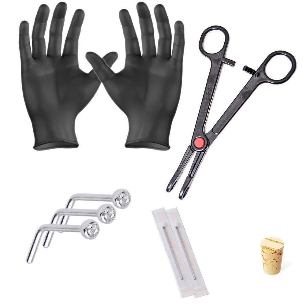 Nose Rings Piercing Kit  18g Needles, Forceps,Large Gloves,Crok & Clear studs.