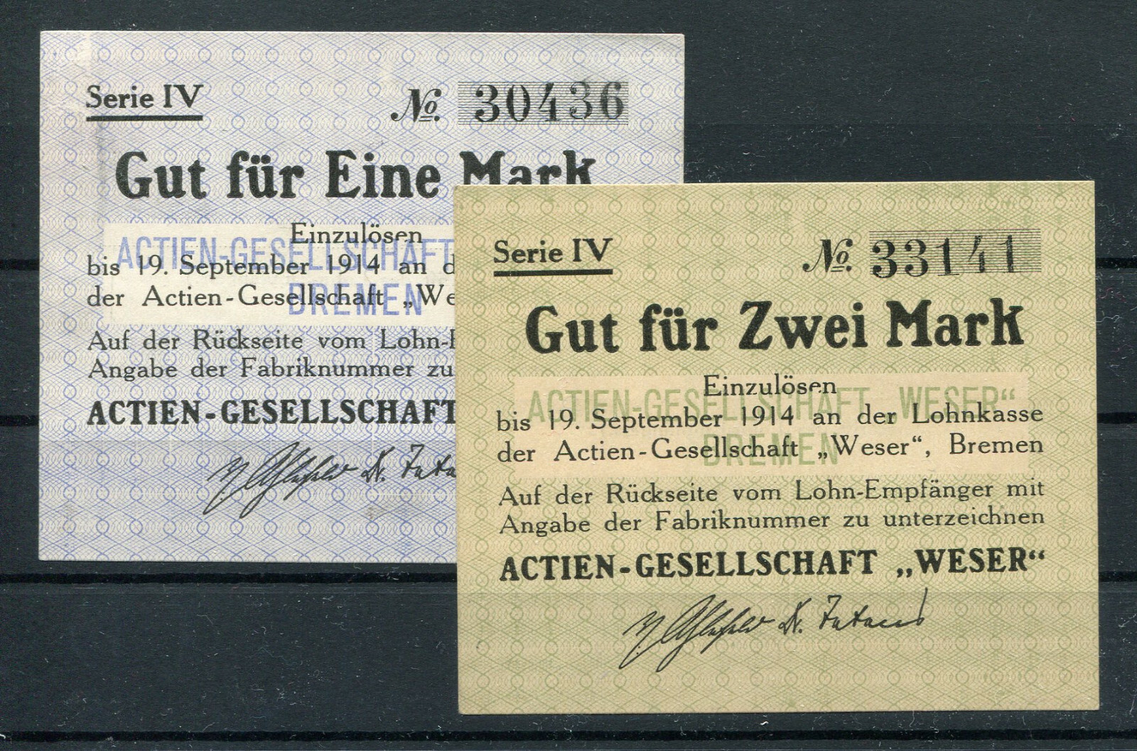 Bremen 1 & 2 Mark Notgeld Stocks Note Issue Weser Series IV 2/12163