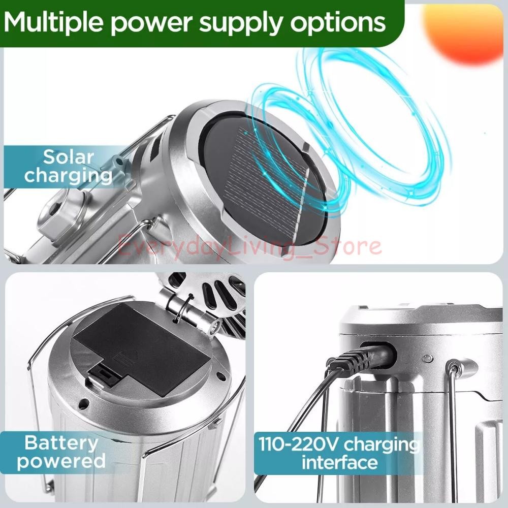 Solar Portable LED Camping Lantern with Fan USB Rechargeable Flashlight Lamp US