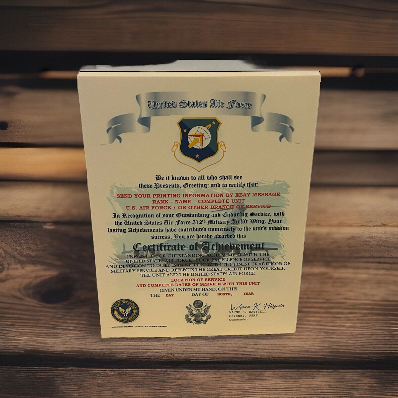 U.S.A.F. / AIR FORCE 512TH MILITARY AIRLIFT WING - CERTIFICATE OF ACHIEVEMENT