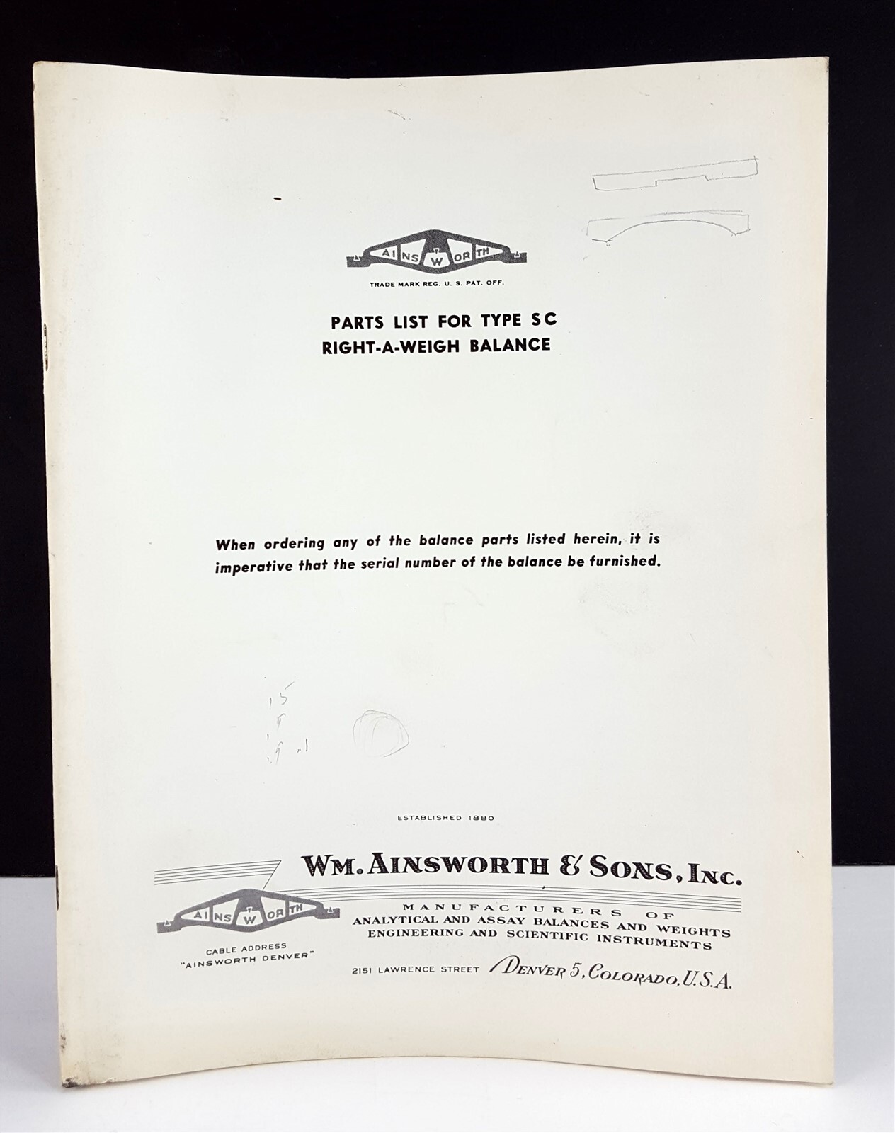 Vintage Ainsworth and Sons Right-A-Weigh Balance Type SC Parts List Booklet