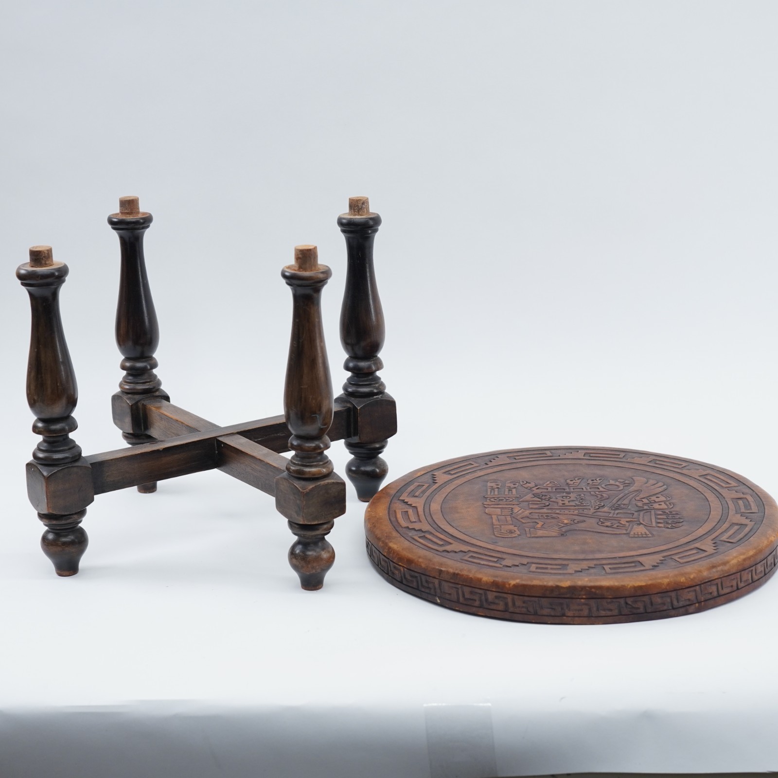 Hand Tooled Leather Top Wooden Stool Ottoman Ethnic Peru Mayan Aztec Warrior