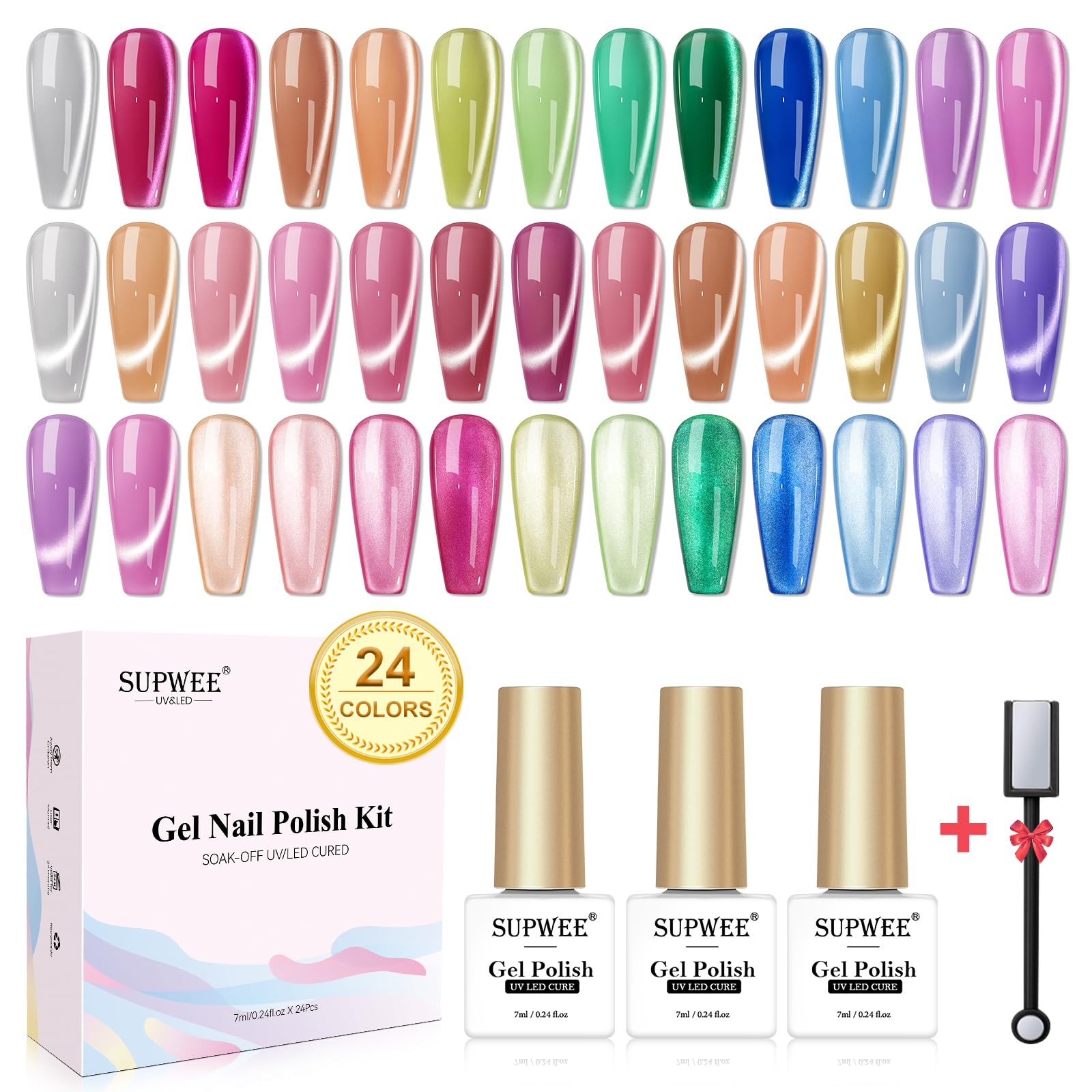 SUPWEE 24 Colors Cat Eye Gel Nail Polish Set, Summer Magnetic Nail Gel Polish Si