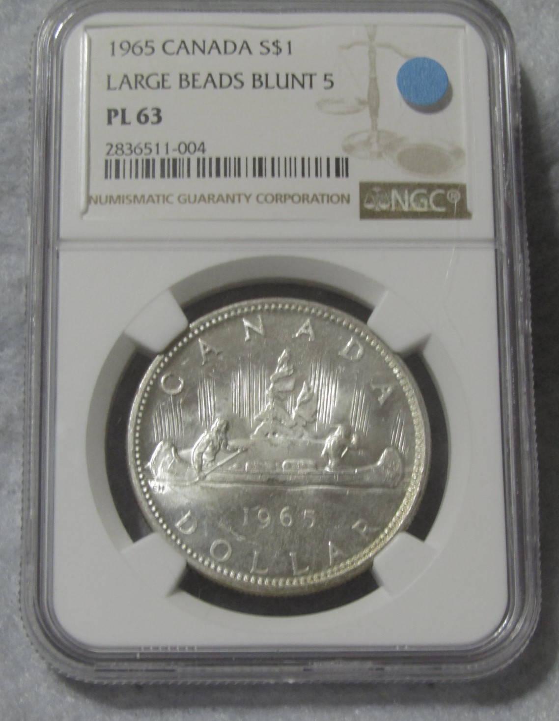 1965 CANADA SILVER $1 DOLLAR..NGC PL-63 TYPE 3..LARGE BEADS BLUNT 5...OBV. TONED