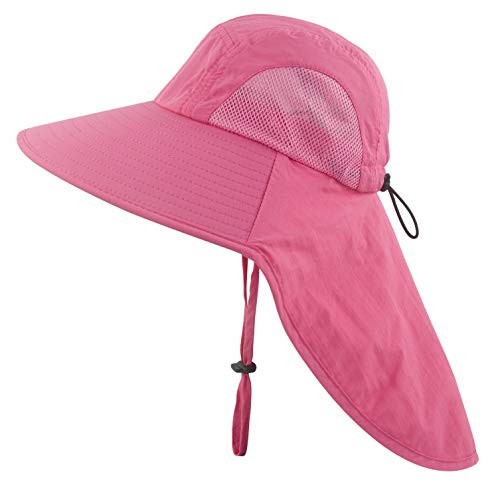 Kids Girls Boys Sun Hat Wide Brim UPF50+ Mesh Hats with Neck Flap Rose Red